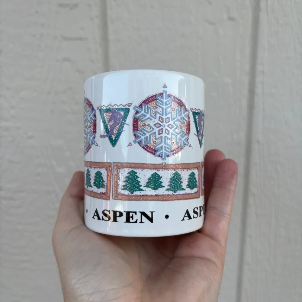 Vintage Aspen Colorado Coffee Mug Multicolor Skiing Winter Outdoor Retro 90s